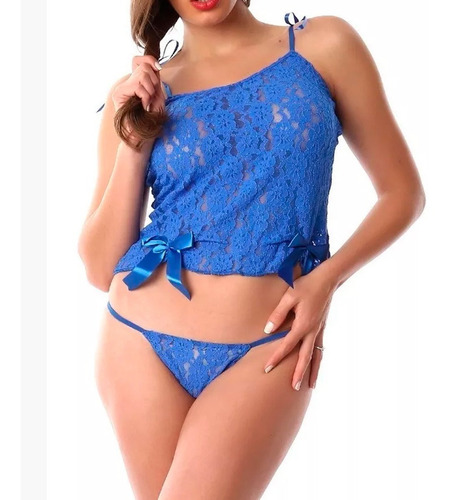 Sexy Baby Doll Mini Blusa Y Tanga De Encaje Suave Moños Bd24