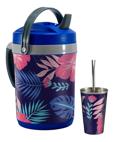 Set Terere Termo Vaso Bombilla, Hojas Fondo Azul