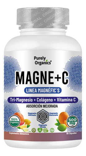 Magne + C. Magnesio, Vitamina C y Colágeno. Purely Organics. 90 cápsulas Sin Sabor.