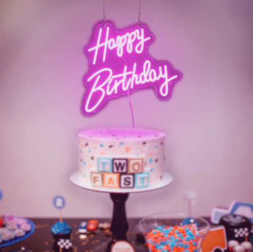 Letrero Led Neon Happy Birthday Para Fiestas De Cumpleaños Rosa