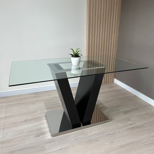 Mesa De Comedor Con Tapa De Vidrio 150x90 Cm Base Acero Blanco Negro