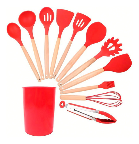 Set Utensilios Cocina Silicón Y Mango De Madera 12 Pzs Rojo