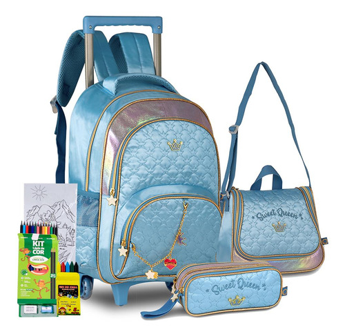 Kit Mochila Rodinha Sereia Coroa Sweet Queen Infantil Clio