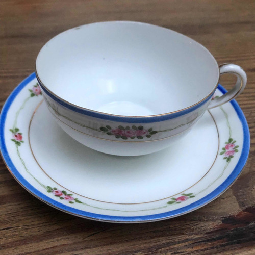 Taza De Té Porcelana Noritake Japón Borde Azul Y Flores