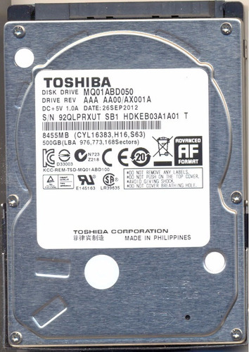 Hd Notebook Toshiba Sata 500gb Modelo Mq01abd050