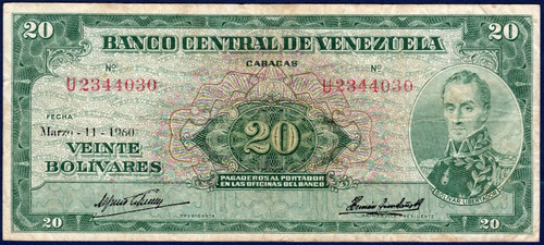 Billete De 20 Bolívares U7 Marzo 11 1960 Simón Bolívar