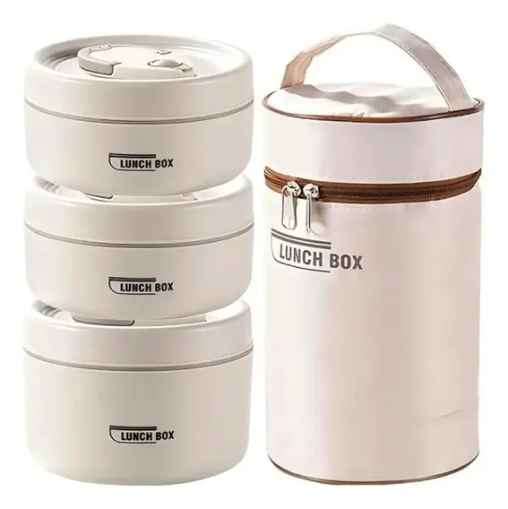 Kit 3 Marmitas Térmicas Inox 304 Redondas Com Bolsa Portátil Bege