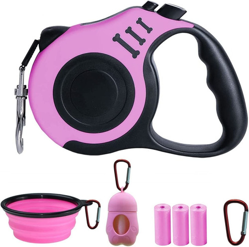 Correa Retractil Portatil Para Perros + Dispenser+kit - Rosa