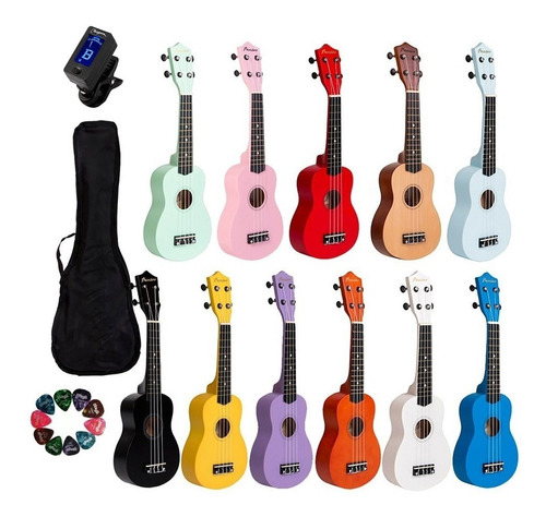 Ukelele Soprano De Madera + Funda + Afinador + Correa + Pua