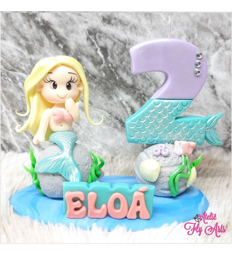 Imagem 3 de 9 de Topo Bolo Personalizado Biscuit Vela Sereia , Fundo Do Mar