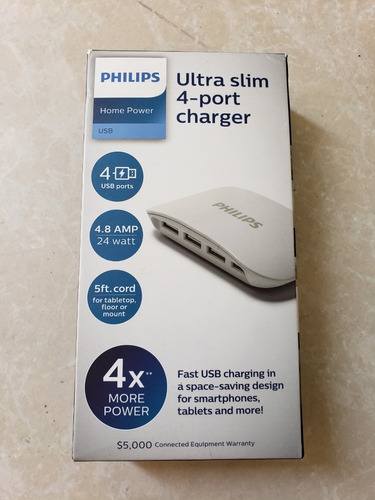 Concentrador Philips Super Delgado, 4 Puertos Usb 4.8a, 24w