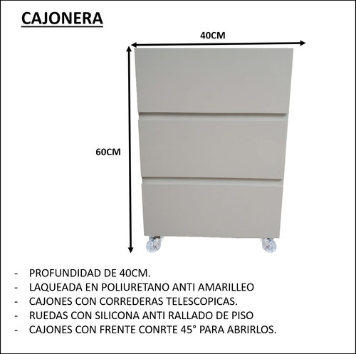 Imagen 3 de 7 de Cajonera Movil Laqueada Con 3 Cajones Para Oficina Hogar