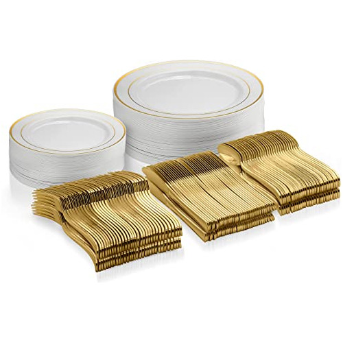 125 Piece Gold Dinnerware Party Set 50 Gold Rim Plastic...