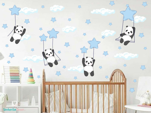 Adesivo De Parede Panda Balanço Estrelas Azul Bebê