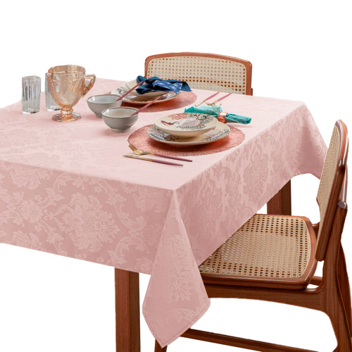 Toalha De Mesa Jacquard Retangular Casa Laura Enxovais Glamour Premium 6 Lugares Rosa