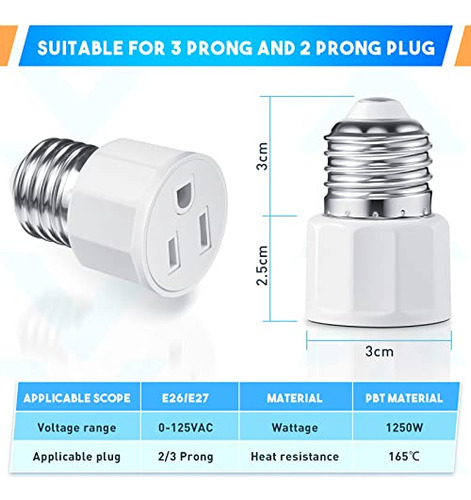 Adaptador De Enchufe De Bombilla De 3 Puntas E26/e27, Luz Po