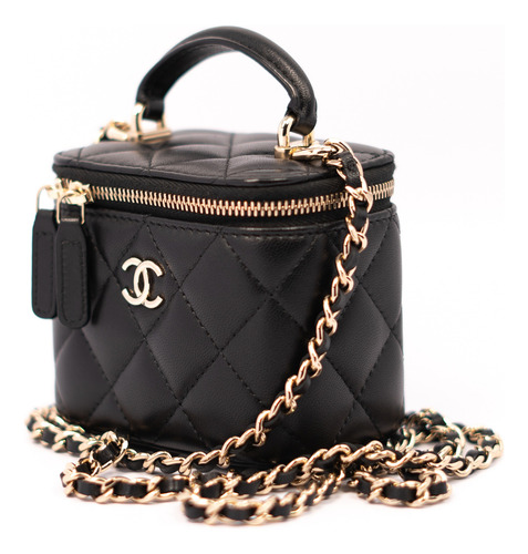 Mini Bolso Chanel Vanity Original Con Certificado Entrupy Negro Acolchado Metal Negro/plata (Usado)