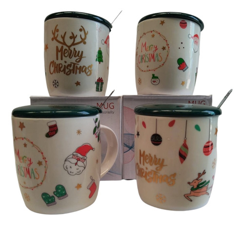 Taza Cerámica Con Tapa Verde Diseño Navidad-navideña 12 Oz