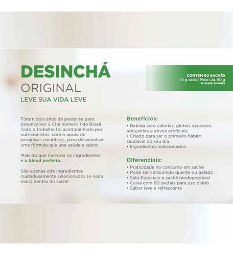 Desinchá Chá Dia Sachê 60 Unid. Sem Glúten E Zero Calorias