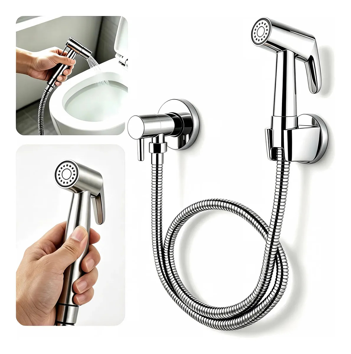 Ducha Higiênica Chuveirinho Completa 100% Metal Aço Inoxidável 304 Registro 1/4 Volta Alta Pressão Gatilho Mangueira 1,5 m Inox Banheiro Privada Parede Escovada Luxo Clampzy