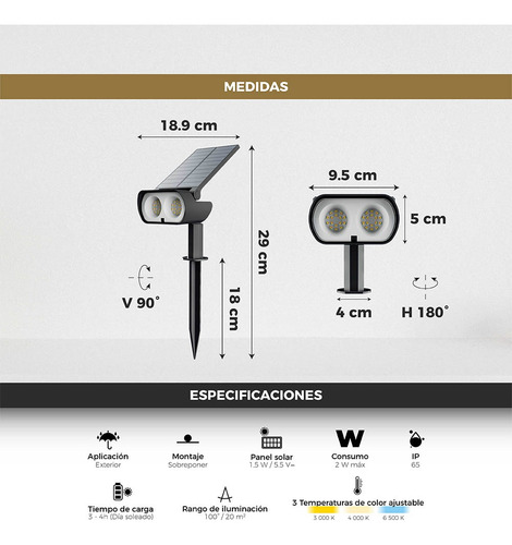 Reflector Led Solar Piso Cct Ajustable Illux Stake Rs-4702 Negro
