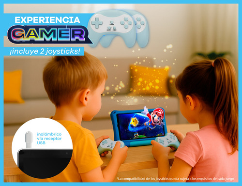 Tablet T-go Kids 8 Android 14 Con 2 Joysticks 4gb Ram 64gb Realidad Aumentada Funda Antigolpes Color Azul Control Parental App Educativas Wifi Infantil Segura Divertida