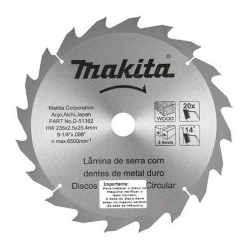 Lâmina De Serra Para Madeira Tct Makita 235x25,4mm 20dentes Cor Cinza