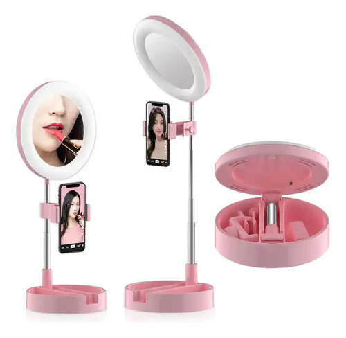 Aro De Luz Con Espejo Maquillaje Soporte Celular Plegable