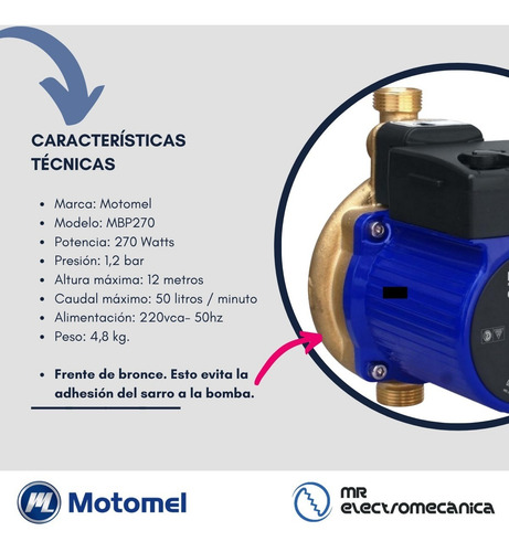 Imagen 4 de 10 de Bomba Presurizadora 3 A 4 Baños + Cocina + Lavadero. Termotanque O Calefón. Motomel Mbp 270 Frente Bronce