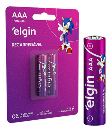 2 Pilha Recarregável Aaa Palito 1000mah Elgin Blisterdurável