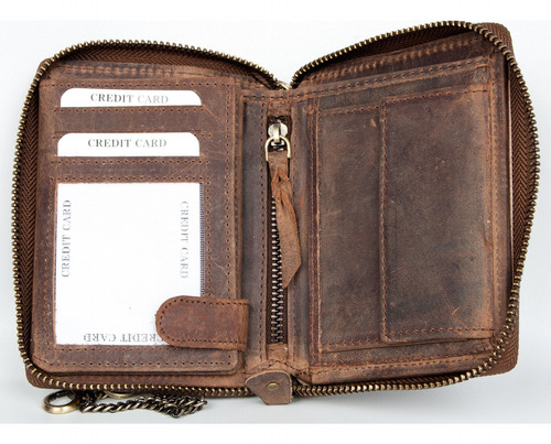 Cartera Grande De Cuero Genuino Con Cremallera Y Cadena Beig