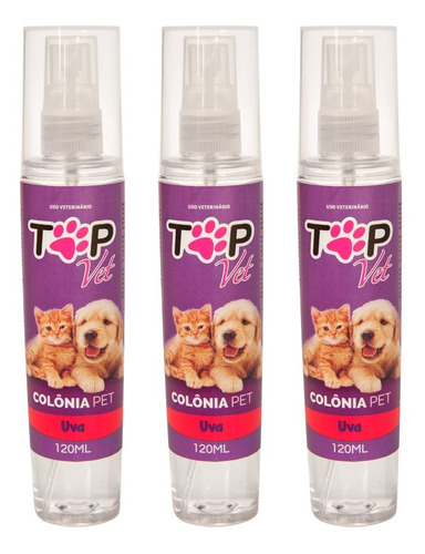 3 Colônia Para Cães E Gatos Pet Pêlo Perfumado Top Vet 120ml Fragrância Uva