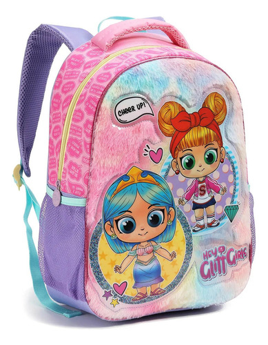 Mochila Bolsa Escolar Creche Feminina Infantil Costas Menina Cor Rosa Desenho do tecido Hey glitt girls