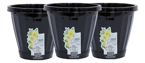 Kit 3 Vasos Cachepot P/ Plantas Temperos Flores C/ Prato N17 Cor Preto