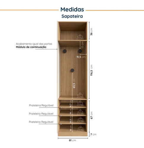 Guarda-roupa Modulado Joy 3 Peças Canto, Nicho Com 2