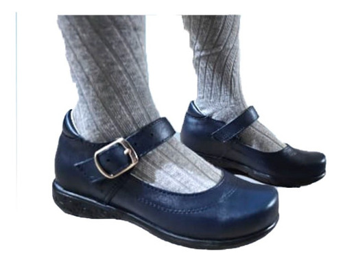 Zapato Escolar Para Niñas De Piel Con Correa Azul Marino