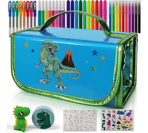 Kit Escolar De Dinosaurio, Boligrafos Y Fibras De Colores 