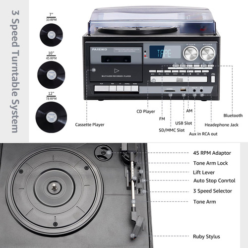 Tocadiscos 9 En 1 Bluetooth Fonógrafo Dual Altavoces