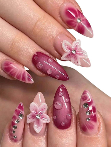 Uñas Postizas Press On Nail Art Flores Rosas Importadas Rosa Viejo Uñas Rosas Floreadas
