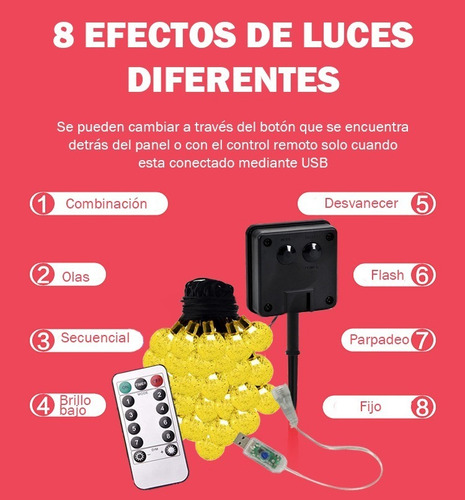 Imagen 4 de 10 de Guirnalda 50 Luces Exterior Panel Solar Control Remoto Usb