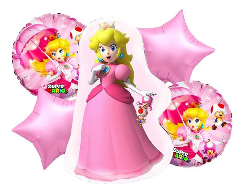 Set 5 Globos Metalizado Princesa Peach Globos Super Mario Color Rosado