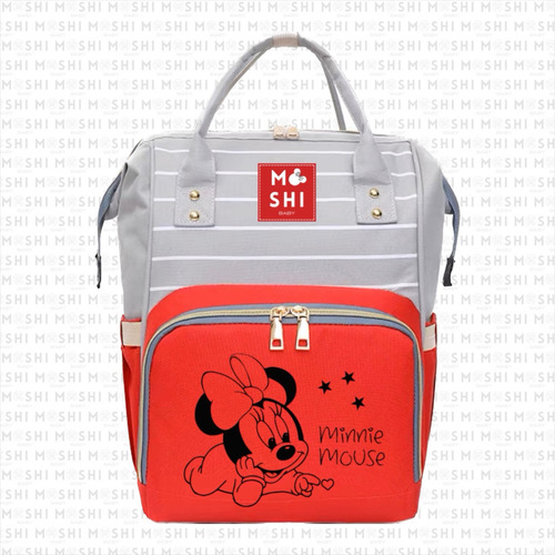 Bolso Mochila Maternal Pañalera Minnie Mouse Lineas Rojo