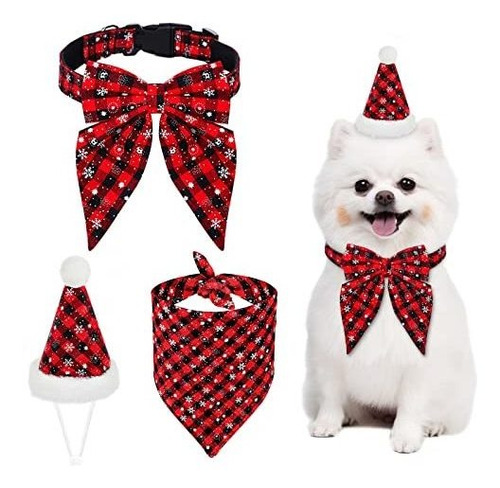 Peclot Christmas Dog Bandana Collar Bow Tie Hat Set, Tjvvw