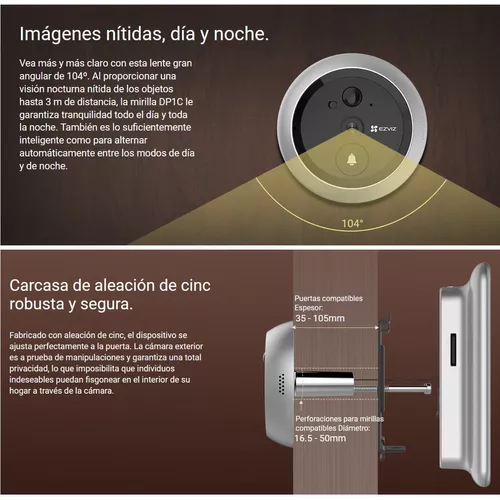 EZVIZ DP1C Videoportero Con Mirilla y Pantalla Wi-Fi de Bateria Recargable  / Para Instalarse en Puerta / Camara 720P / Sensor PIR / Deteccion de  Movimiento / Audio de Dos Vias / Uso en Interior