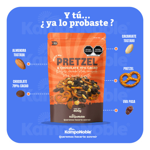 Trail Mix Pretzel & Chocolate | Mezcla De Pretzel, Chocolate 70% Cacao, Almendra Tostada, Cacahuate Tostado Y Pasitas | Contenido Neto: 400 g | Kamponoble