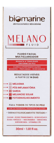 Melano Fluid Fluido Facial Multiclareador 30ml Biomarine Momento de aplicação Dia Noite Tipo de pele Todo tipo de pele