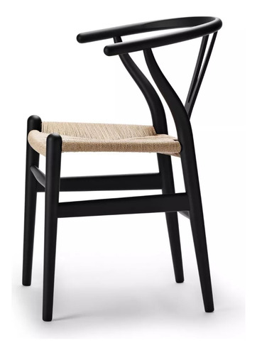 Pack 2 Sillas De Comedor Wishbone De Madera Estructura De La Silla Negro Asiento Natural Diseño De La Tela Tejido
