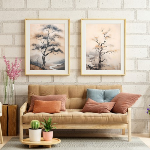 Set 3 Laminas Imprimibles Paisajes Acuarela Estilo Japones Blanco Beige