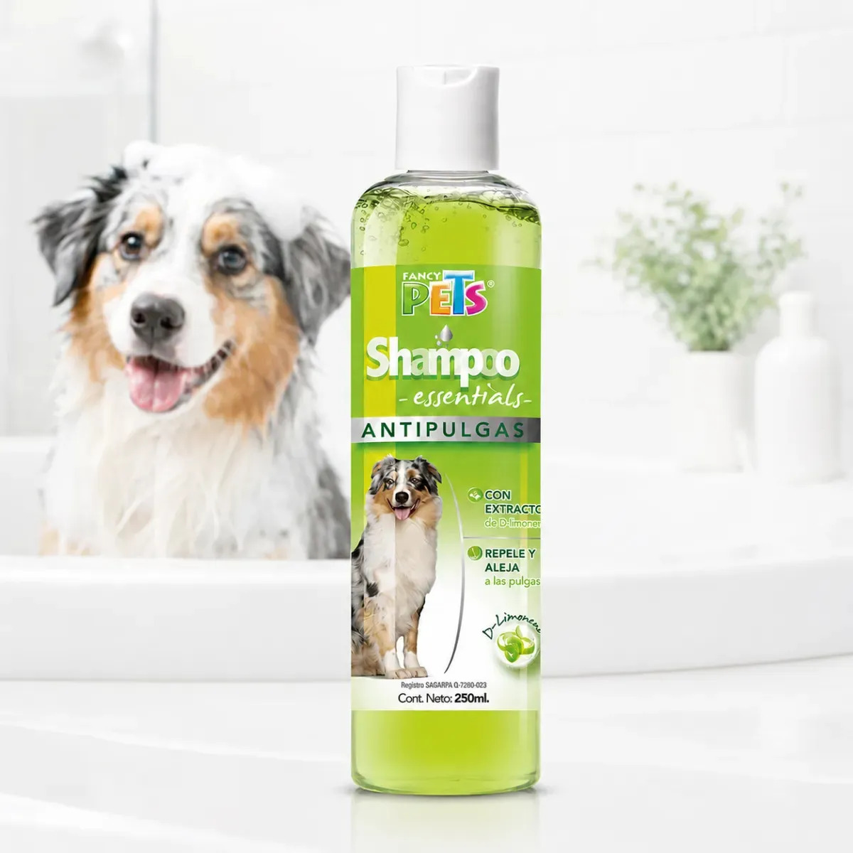 Shampoo Essentials Antipulga Parasito 250ml Perro Fancy Pets Fragancia Limón Con Extracto De D-limoneno Para Todo Tipo De Pelo Limpia E Hidrata Piel Y Pelo