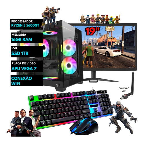 Pc Gamer Ryzen 5 5600gt 16gb Ddr4 Ssd 1tb Monitor 19'' Wifi